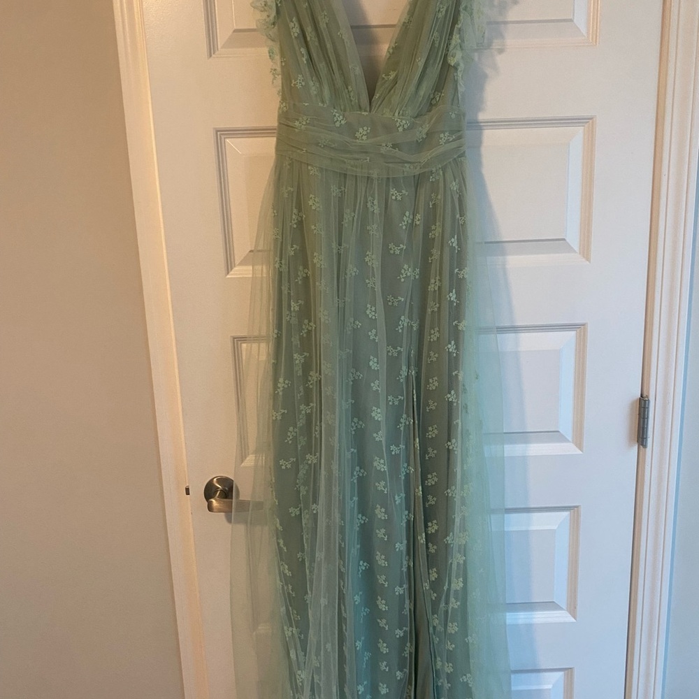 Soieblu Sage Green Floral Tulle Maxi Dress